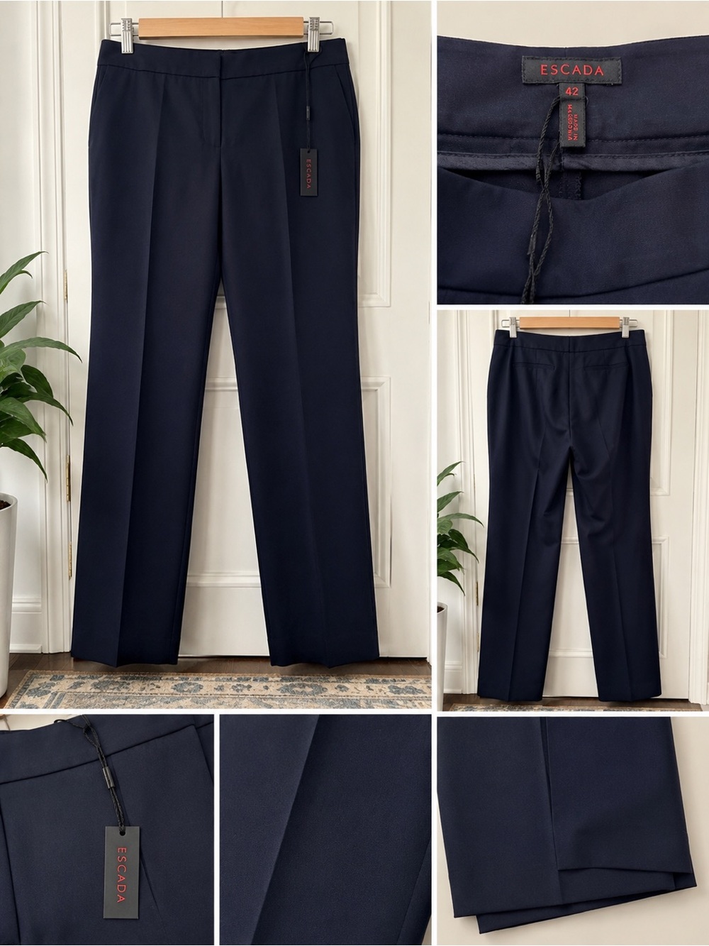 Escada Navy Straight Leg Dress Pants Size 42 Luxury Tailored Trousers